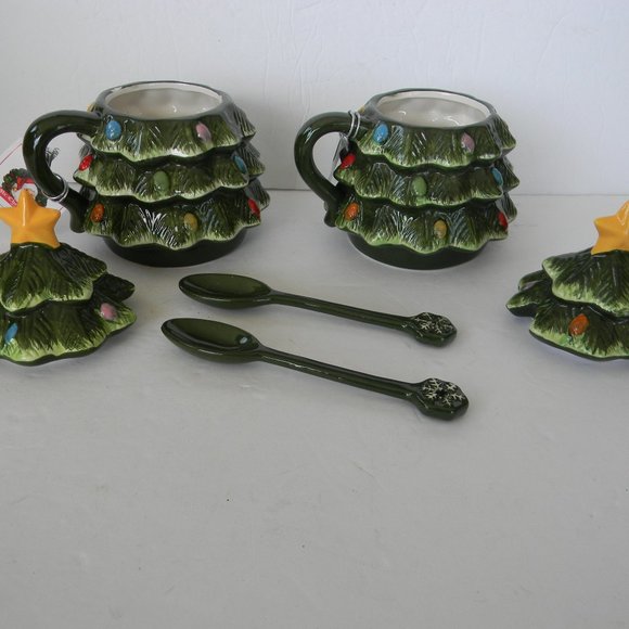 NWT Mr. Christmas Set of 2 16-oz Nostalgic Mugs w/ Lids & Spoons TREES - Picture 3 of 6